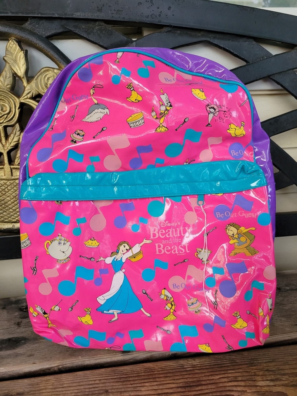 VINTAGE DISNEY BEAUTY & THE BEAST pink BELL CHIP BEAST Glossy Bookbag adj Straps